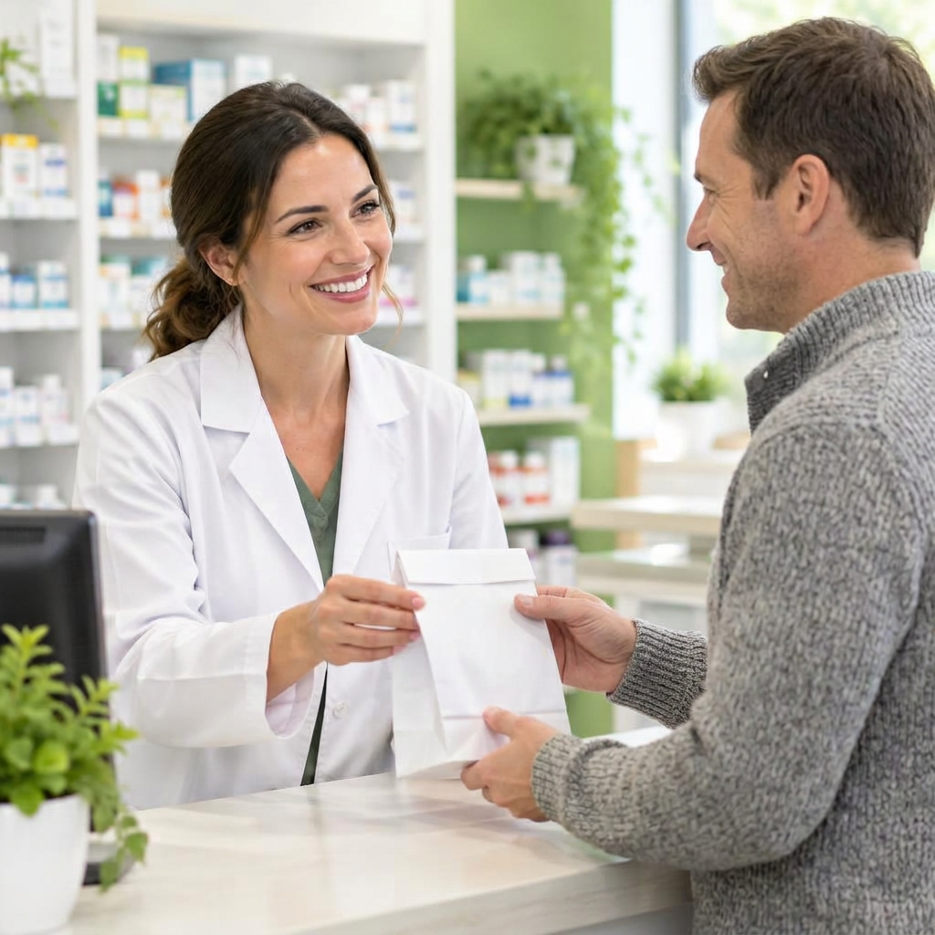Pharmacist handing a prescription to a smiling male patient