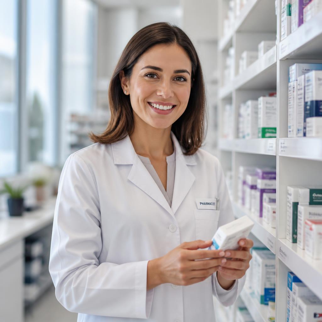 Hospital pharmacist in a white coat holding a medication box